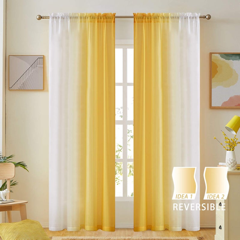 July Joy Ombre Faux Linen Sheer Curtains for Bedroom Living Room Rod Pocket, Privacy and Light Filtering, 2 Tone Reversible Gradient Voile Semi Window Curtains, Set of 2 Panels, Yellow, 54 x 72 Inch Length - Image 2